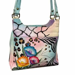 Anuschka Hand Painted Leather Pink Blue Multicolor Floral Animal Print Handbag